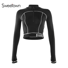 Load image into Gallery viewer, Sweetown 2019 Autumn Casual Black Crop Top T Shirts Women Fitness Activewear Zipper Turtleneck Long Sleeve Striped Basic Tshirt