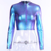 Load image into Gallery viewer, Auyiufar Fashion Women's T-shirts Reflective O-neck Zippers Long Sleeve Cropped Tops Casual Women Fitness Crop Tees Streetwear