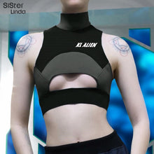 Load image into Gallery viewer, Sisterlinda Sexy Hollow Out Fitness Tank Top Bra Tees Fall Sleeveless Patchwork Turtleneck Cropped Top Letter Print Sportswear