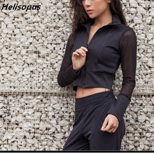 Load image into Gallery viewer, Helisopus Women 2019 Spring Summer Fitness Jackets Zipper Long Mesh Sleeve Jogger Thin Coat Black White Stylish Slim Crop Tops